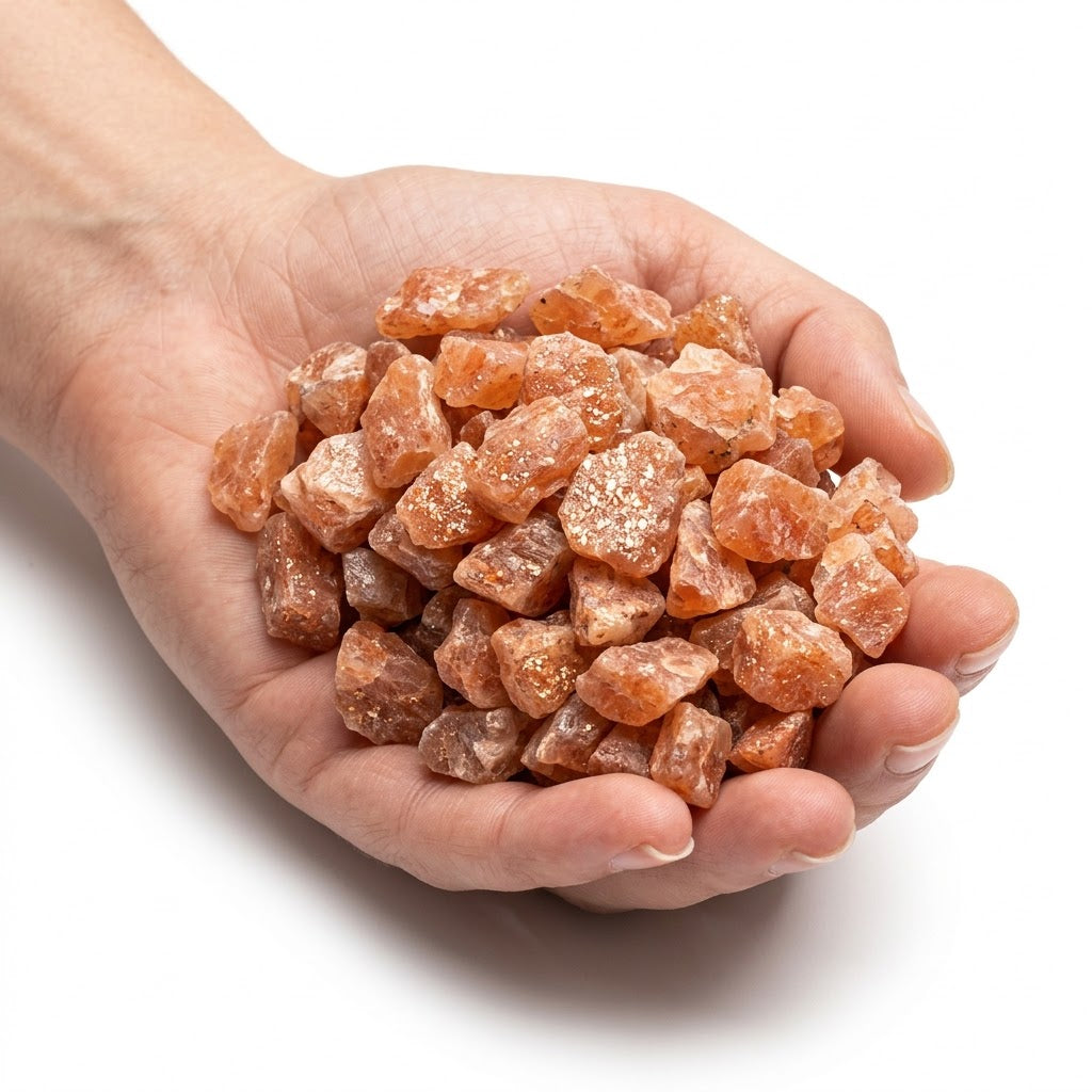A hand holding a heap of natural raw sunstone chips on a white background