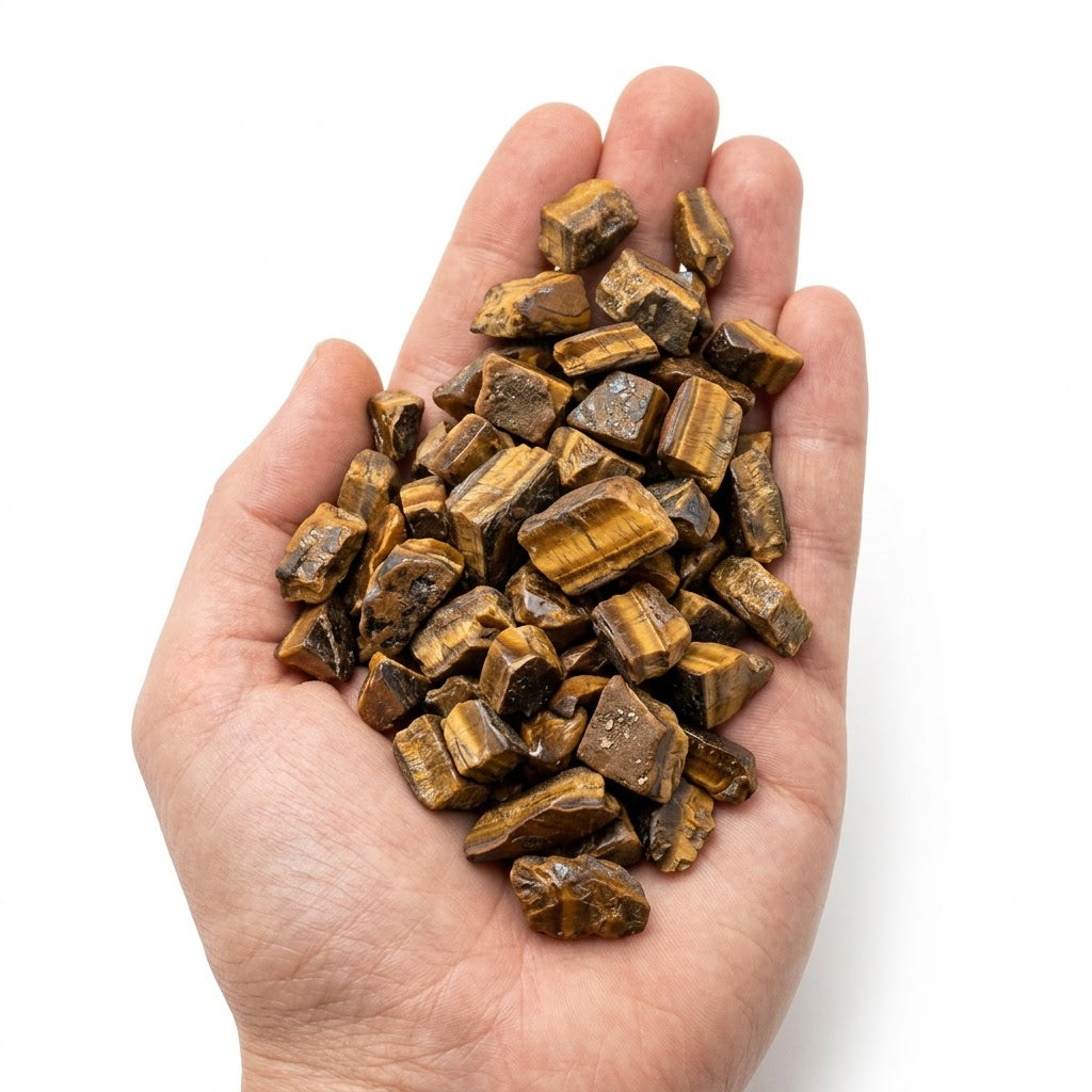 A hand holding a heap of natural raw tiger's eye chips on a white background