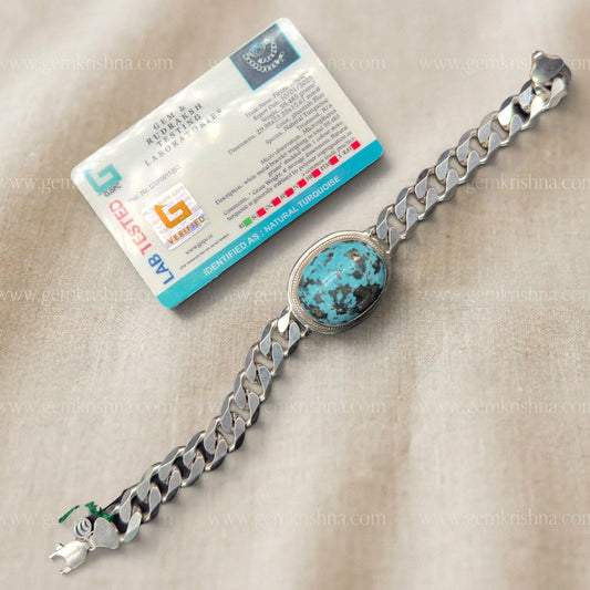 Natural turquoise bracelet in 925 sterling silver with oval turquoise cabochon centerpiece