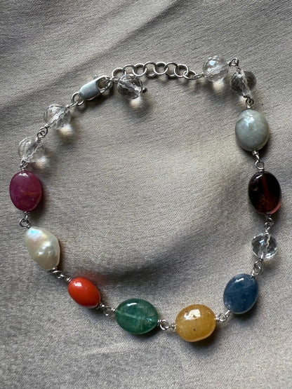 Navratan Bracelet Sterling Silver | 9 Gemstones for Balance, Power and Prosperity | Best Quality - GemKrishna