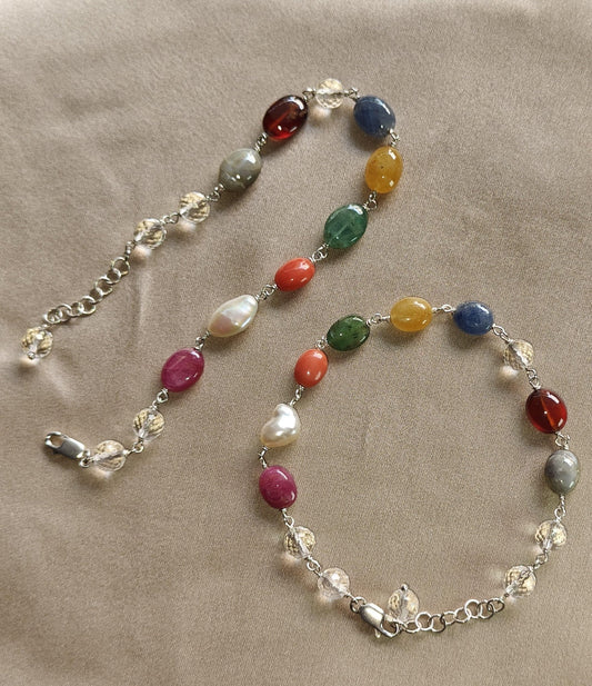 Natural Navratan bracelet 925 sterling silver with colorful oval and round gemstone beads