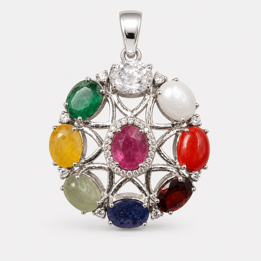 Navratan 925 sterling silver pendant with multicolor gemstone cluster and white center stone