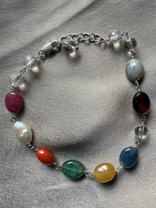 Navratan Bracelet (Sterling Silver) – 9 Gemstones for Balance, Power & Prosperity
