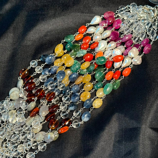 Navratna bracelet in 925 sterling silver laid out showing multicolor gemstone beads