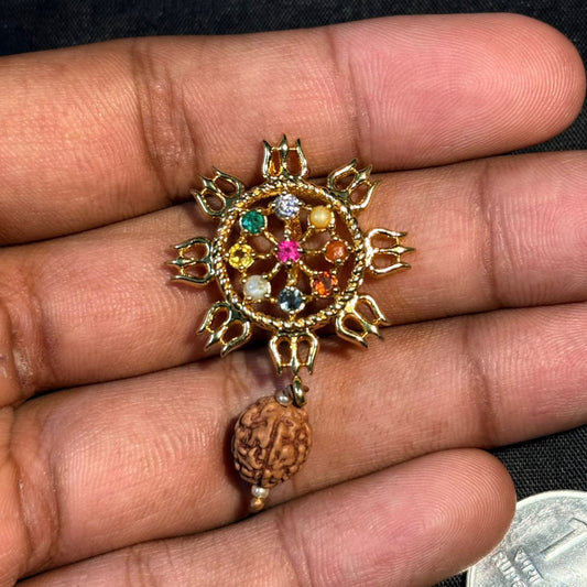 Navratna sun locket pendant with original rudraksha bead held in hand, multicolor gemstone work