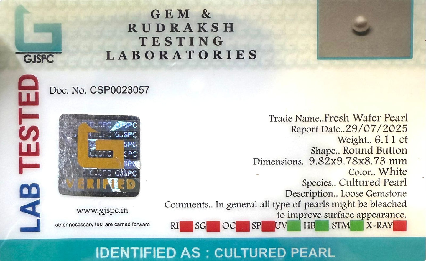 Fresh Water Pearl Round Button  6.11 carat [ Cultured Pearl ]