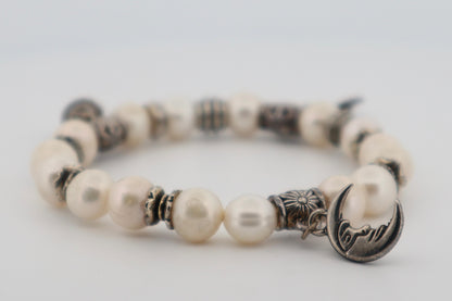 Elegant Pearl Charm Bracelet with Moon, Buddha & Key