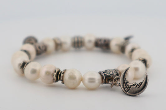 Elegant Pearl Charm Bracelet with Moon, Buddha & Key