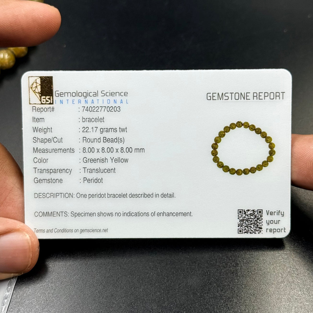 Gemological Science International certificate for Peridot AA Quality Bracelet with round greenish yellow beads