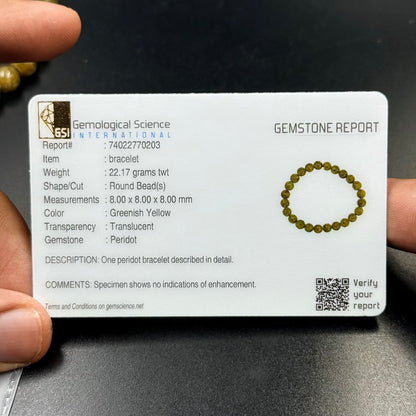 Gemological Science International certificate for Peridot AA Quality Bracelet with round greenish yellow beads