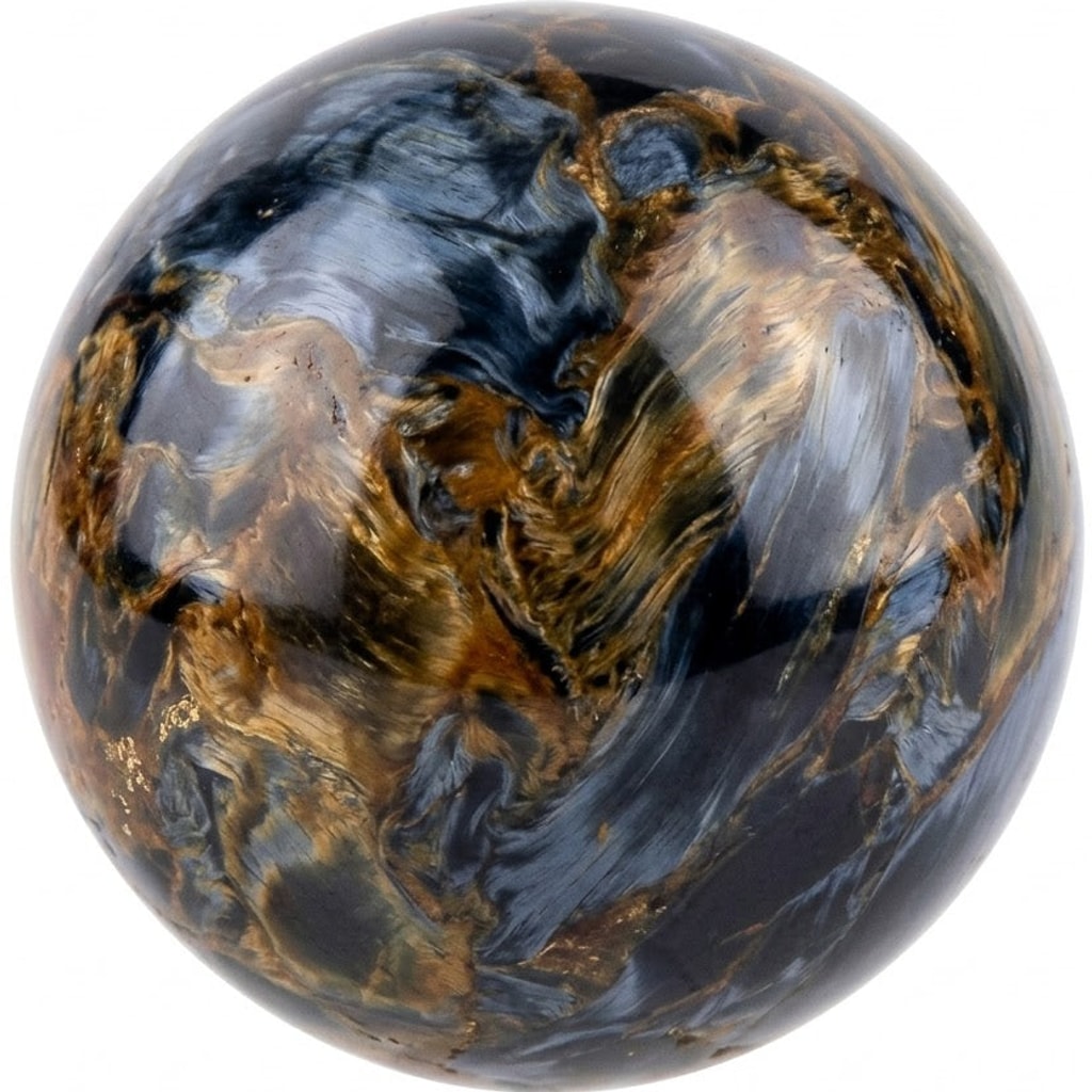 Illustration of a polished pietersite bead; natural colour and pattern vary