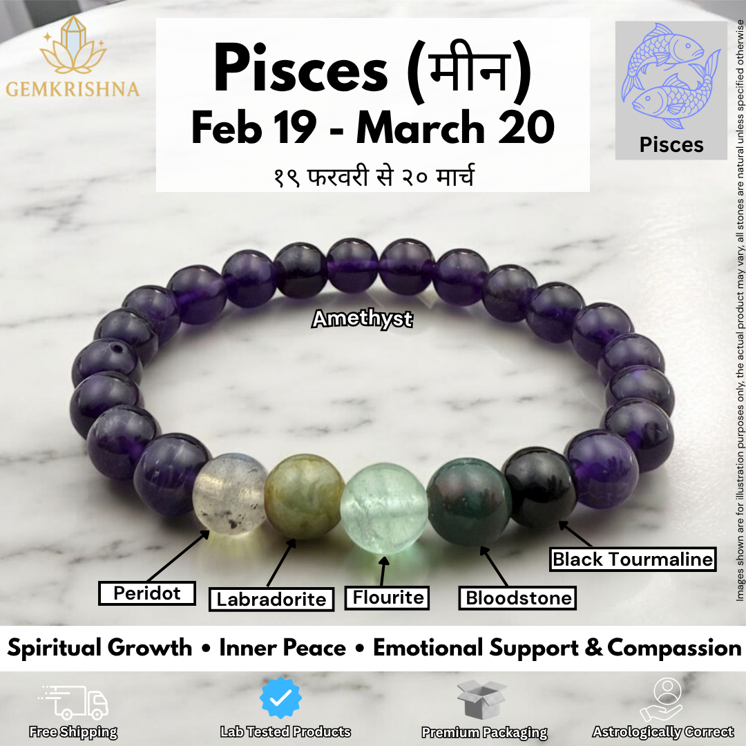 Pisces bracelet layout on marble background showing purple beads and colored center stones