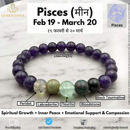 Pisces bracelet layout on marble background showing purple beads and colored center stones