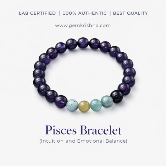 Pisces bracelet with purple beads and three center stones in blue, yellow, and green