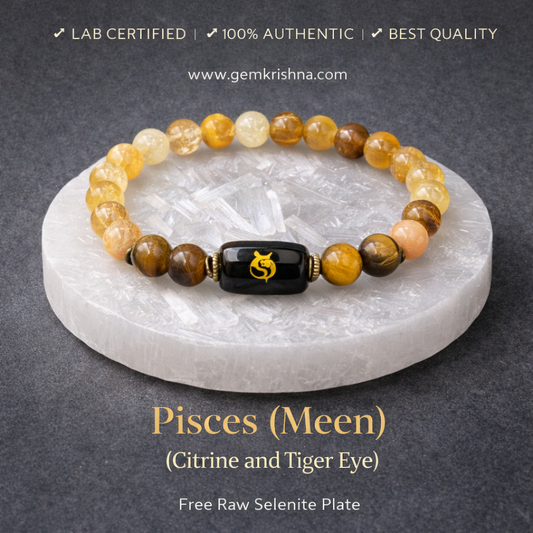 Pisces zodiac beaded bracelet with citrine and tiger eye beads on a raw selenite plate