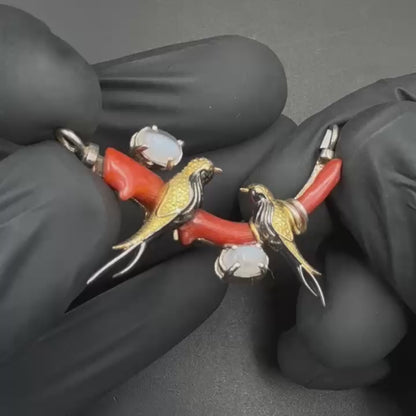 Natural Red Coral Sterling Silver Dual Sparrow Locket