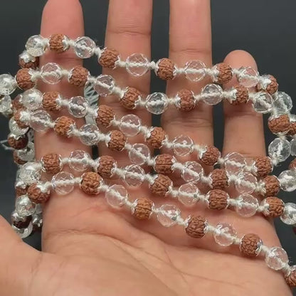 Rudraksha and clear quartz mala with 925 silver capping