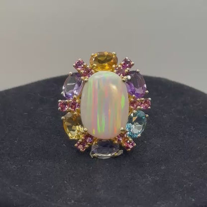 Natural Opal & Multi-Gemstone 925 Silver Ring (Creativity & Harmony)