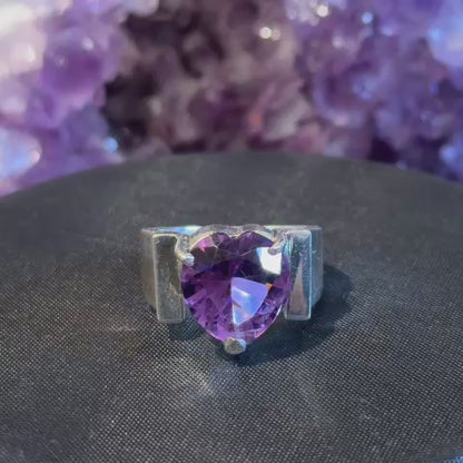 925 Sterling Silver Amethyst Ring | Heart Faceted Purple Amethyst| Broad Geometric Band | Unisex Statement Ring