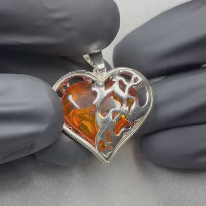 Natural Amber Sterling Silver Heart Cage locket  7.09gram