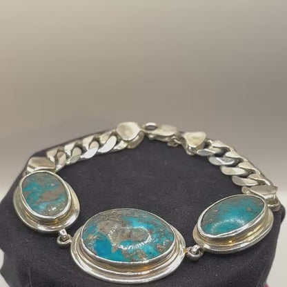 925 Silver Men’s Three-Stone Turquoise Bracelet (Protection & Confidence) (52 gram)