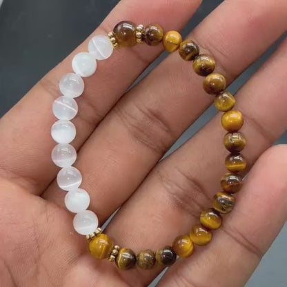Selenite 6mm & Tiger Eye 4mm Bracelet (Clarity & Confidence)
