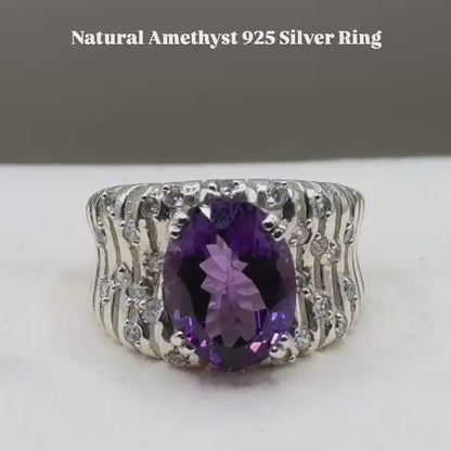 Natural Amethyst 925 Sterling Silver Ring | 8.11 Ct Oval Faceted Purple Amethyst | 10g Total Weight | Broad Statement Band with White Accent Stones | Lab Certified