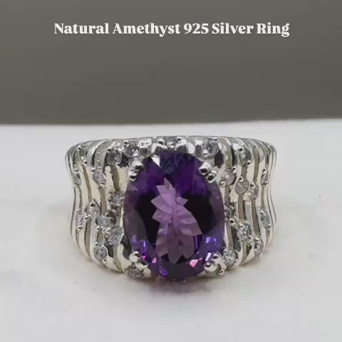 Natural Amethyst 925 Sterling Silver Ring | 8.11 Ct Oval Faceted Purple Amethyst | 10g Total Weight | Broad Statement Band with White Accent Stones | Lab Certified