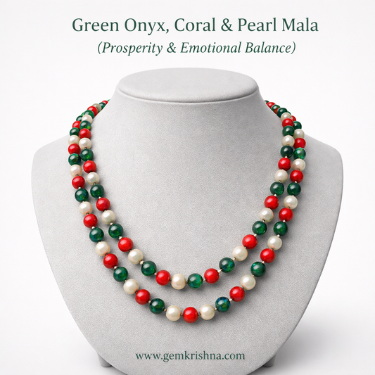 Prosperity & Emotional Balance Jaap Mala (Green Onyx, Coral & Pearl) premium GemKrishna product cover
