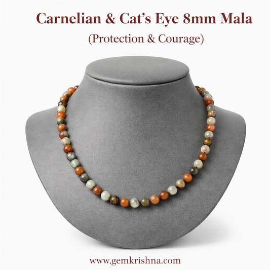 Protection & Courage Jaap Mala (8mm Carnelian & Cat's Eye) premium GemKrishna product cover