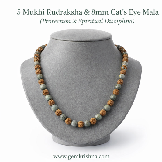 Protection & Spiritual Discipline Jaap Mala (5 Mukhi Rudraksha & 8mm Cat’s Eye) premium GemKrishna product cover