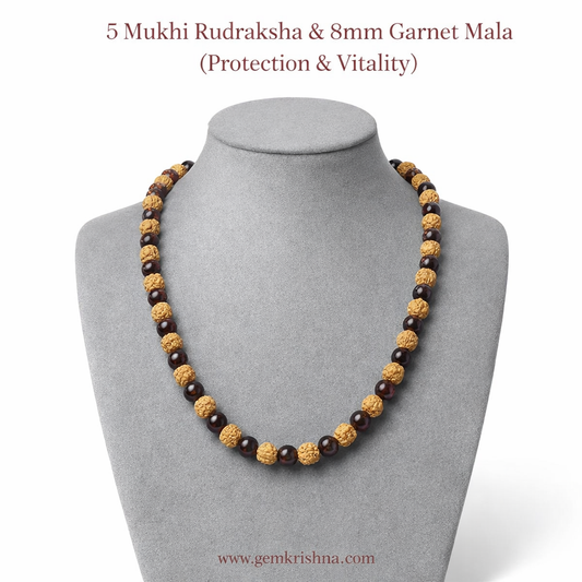 Protection & Vitality Jaap Mala (5 Mukhi Rudraksha & 8mm Garnet) premium GemKrishna product cover