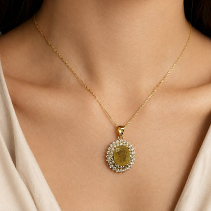 925 silver yellow sapphire pukhraj locket pendant on a fine gold chain near the neck