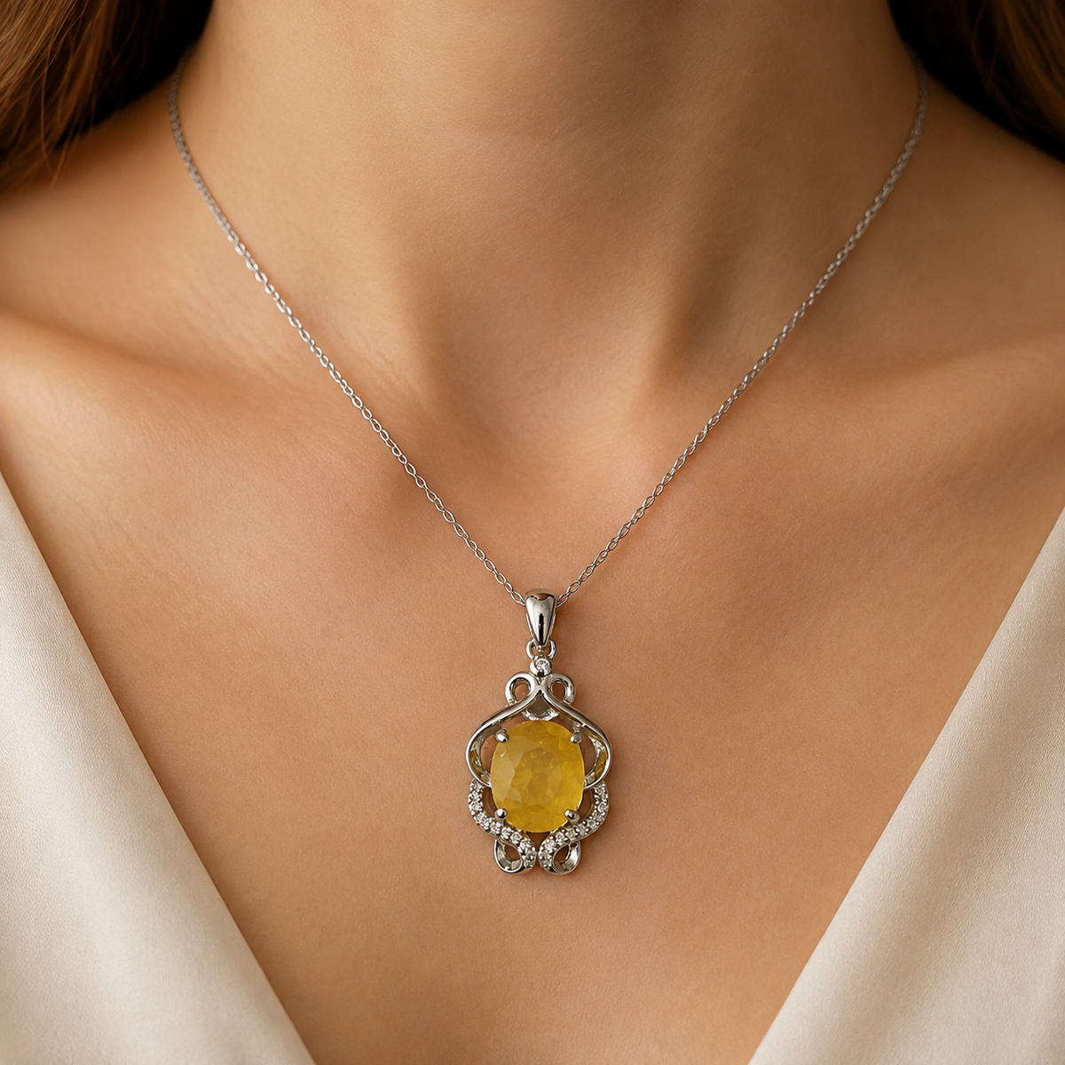925 silver pukhraj locket with yellow sapphire pendant worn on a silver chain necklace
