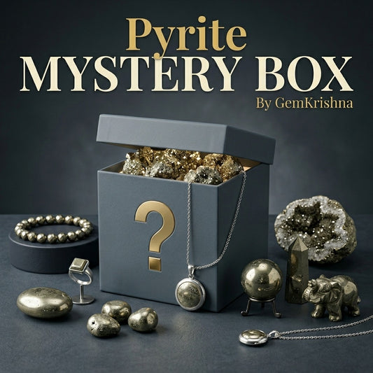 Pyrite crystal mystery box with question mark, chain pendant, bracelet, and assorted pyrite stones