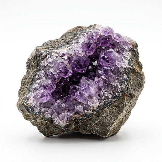 Raw amethyst crystal geode with purple druzy crystal clusters in natural rock
