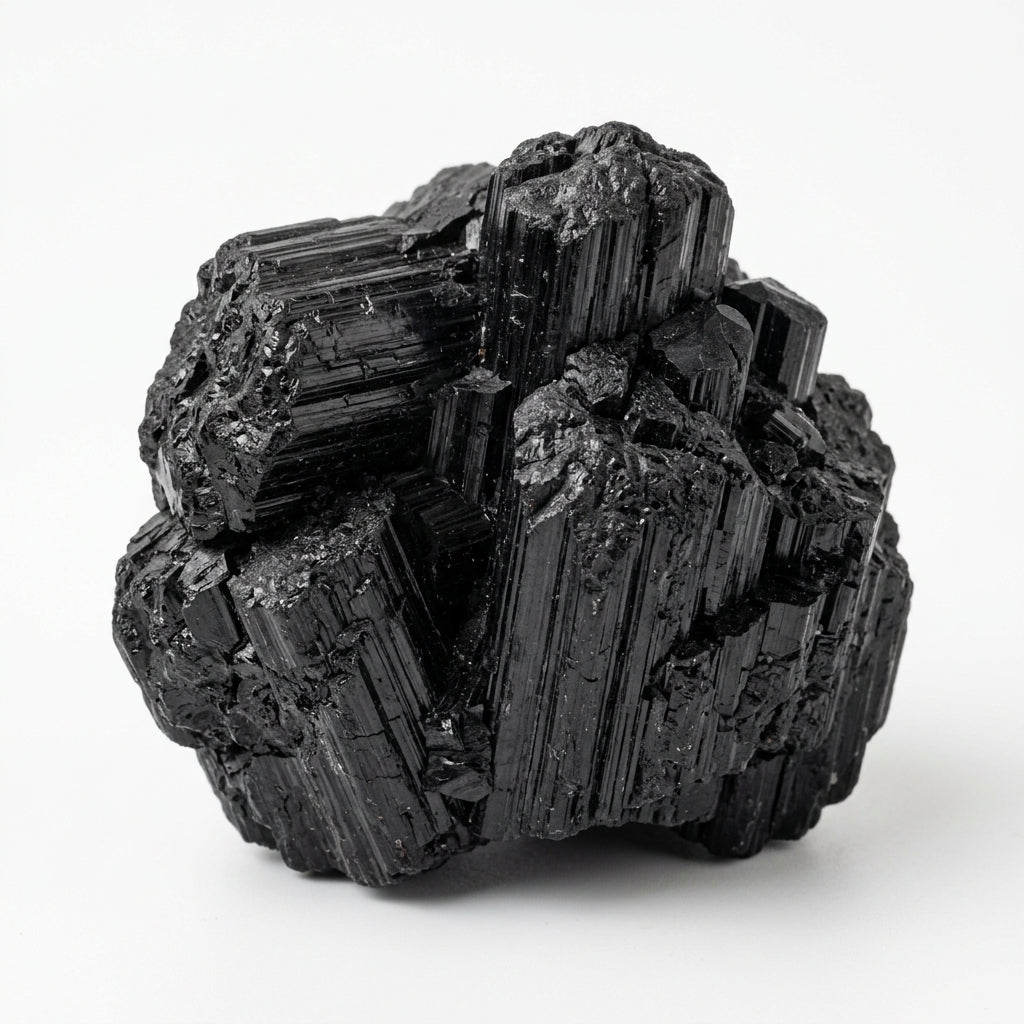 Raw black tourmaline crystal cluster with dark, prismatic facets on white background