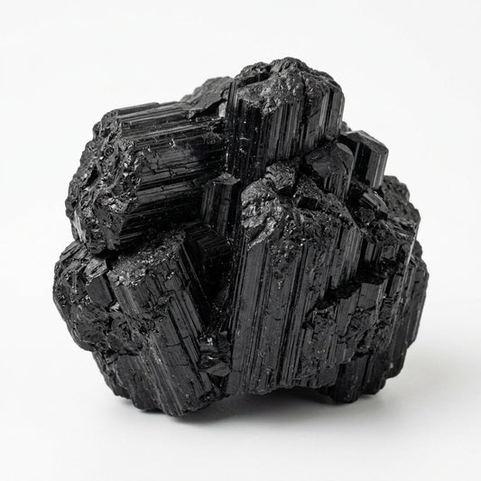 Raw black tourmaline crystal cluster with dark, prismatic facets on white background