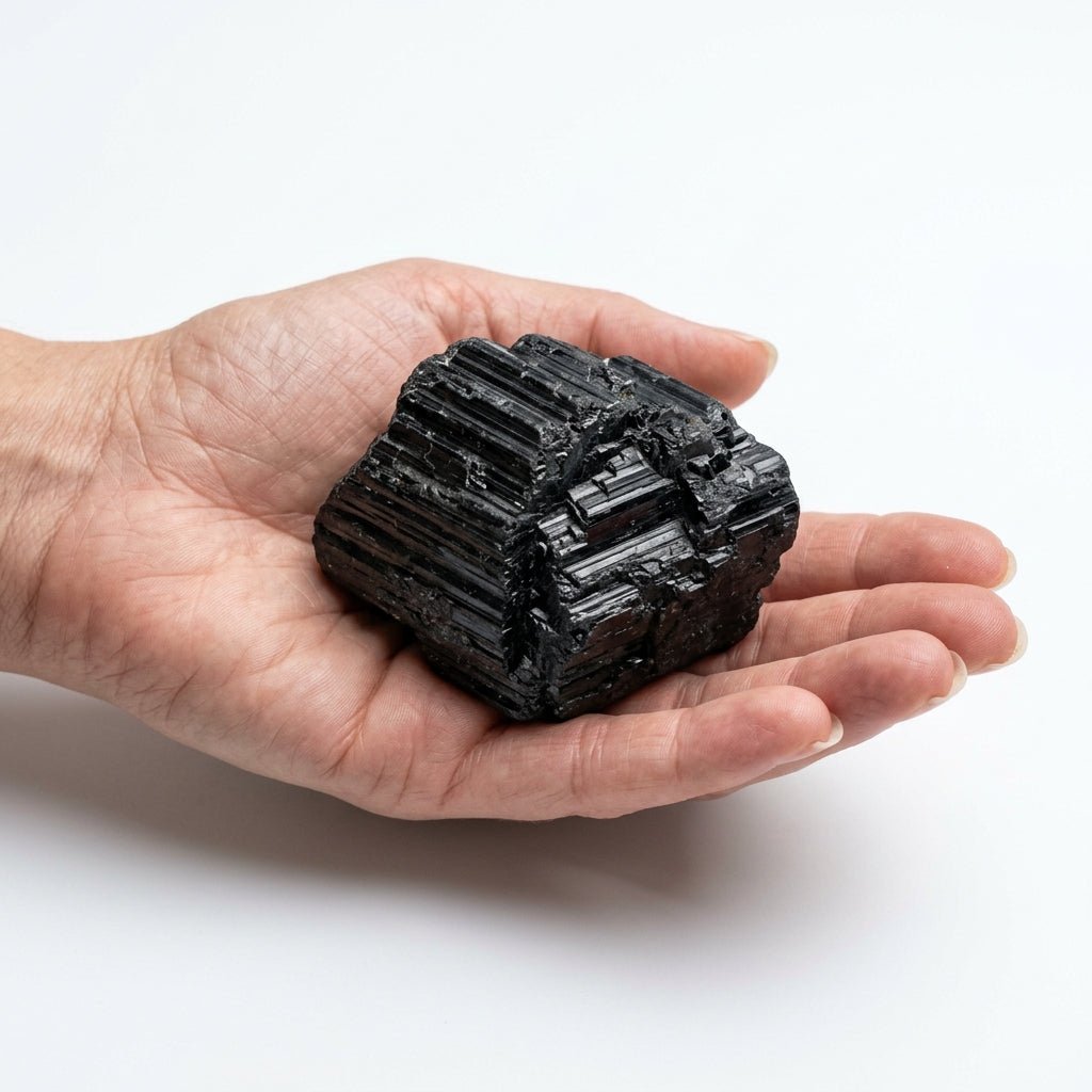 Raw black tourmaline crystal held in hand, natural dark prismatic surface on white