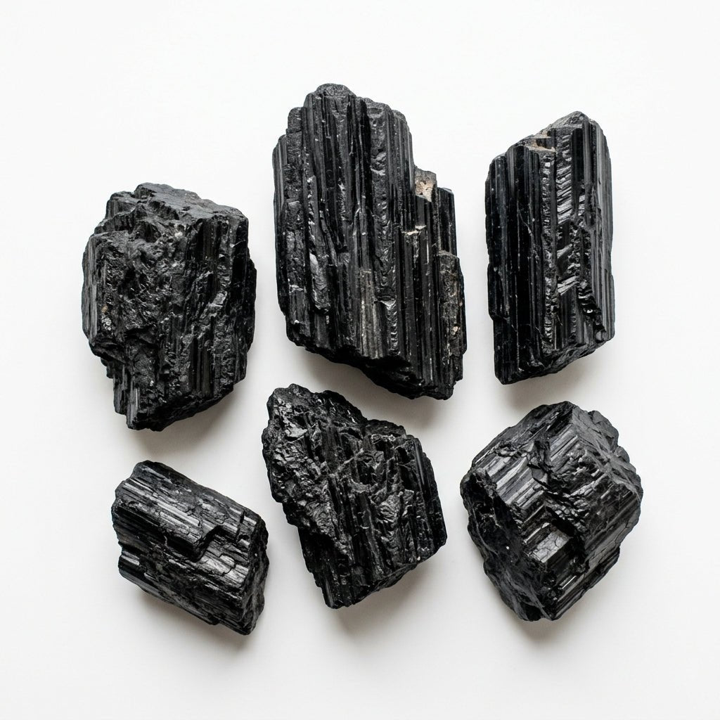Set of raw black tourmaline crystals with columnar prismatic shapes on white background