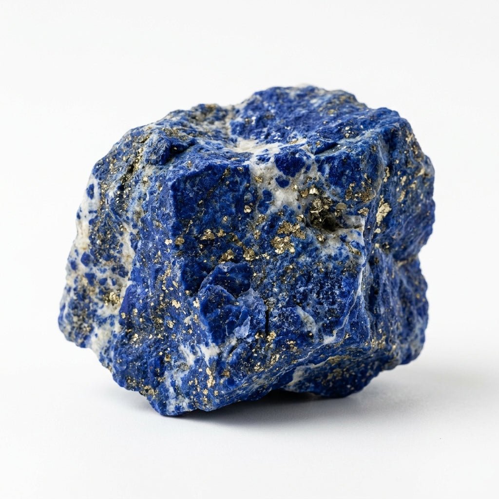 Raw lapis lazuli crystal with blue and white matrix and golden pyrite specks