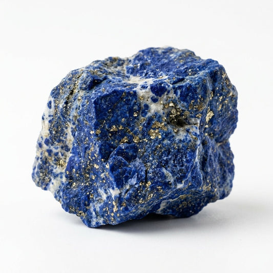 Raw lapis lazuli crystal with blue and white matrix and golden pyrite specks