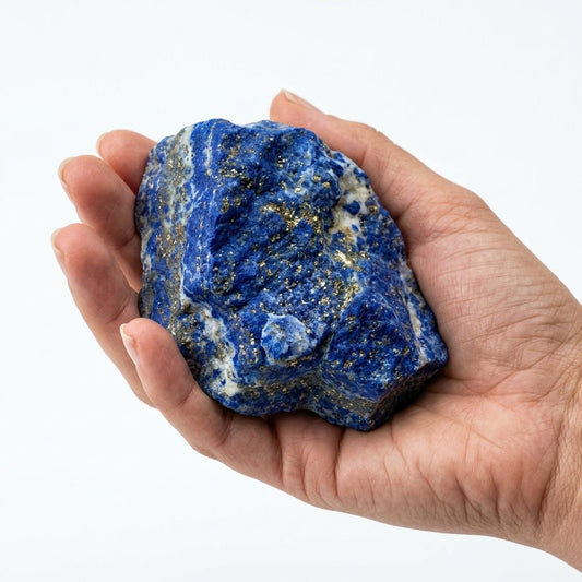 Raw lapis lazuli crystal held in a hand, showing blue stone with white patches