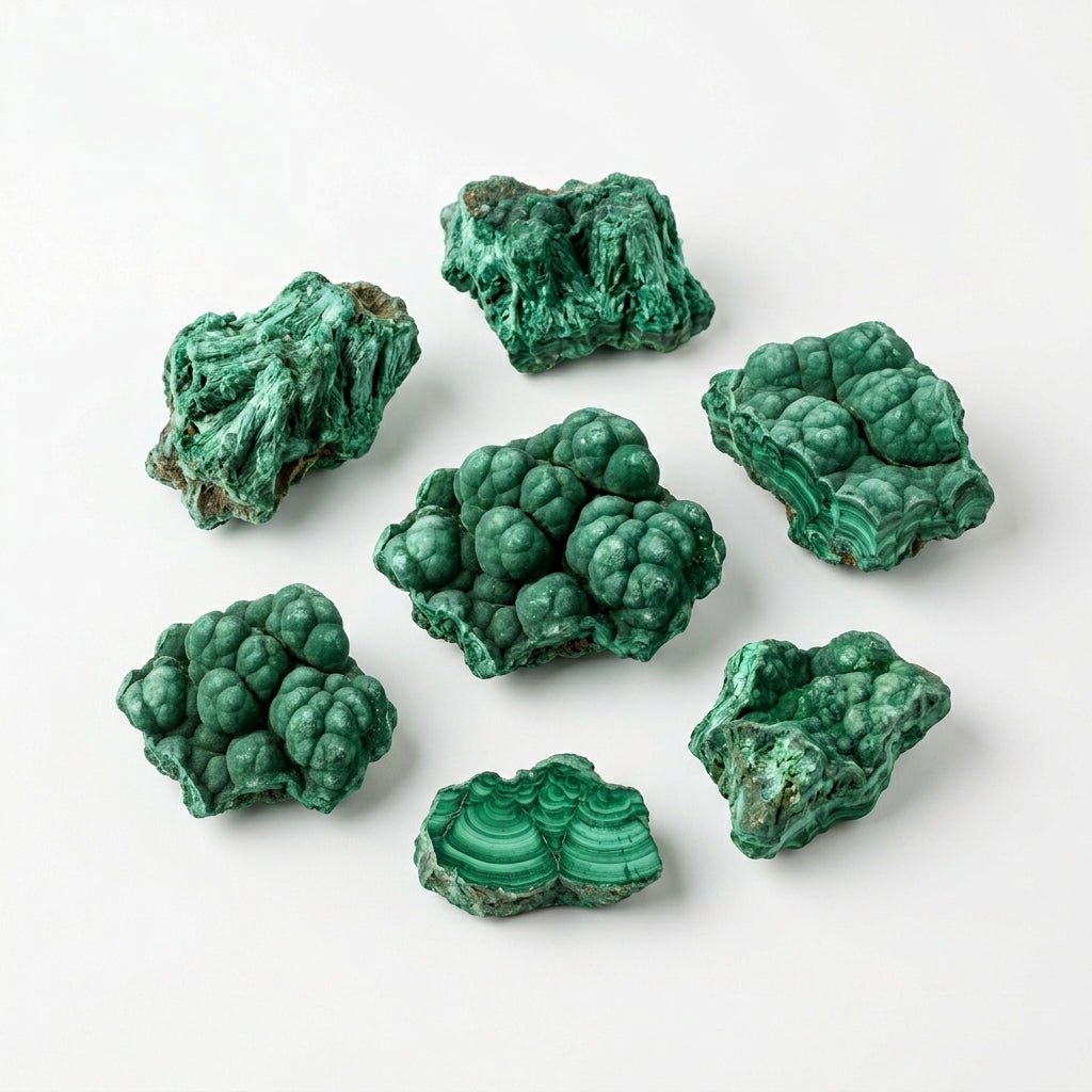 Set of raw malachite crystal pieces with green swirled bands on white background