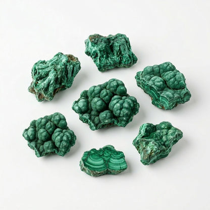 Set of raw malachite crystal pieces with green swirled bands on white background