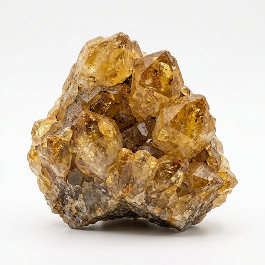 Raw natural citrine crystal cluster with golden quartz points on white background