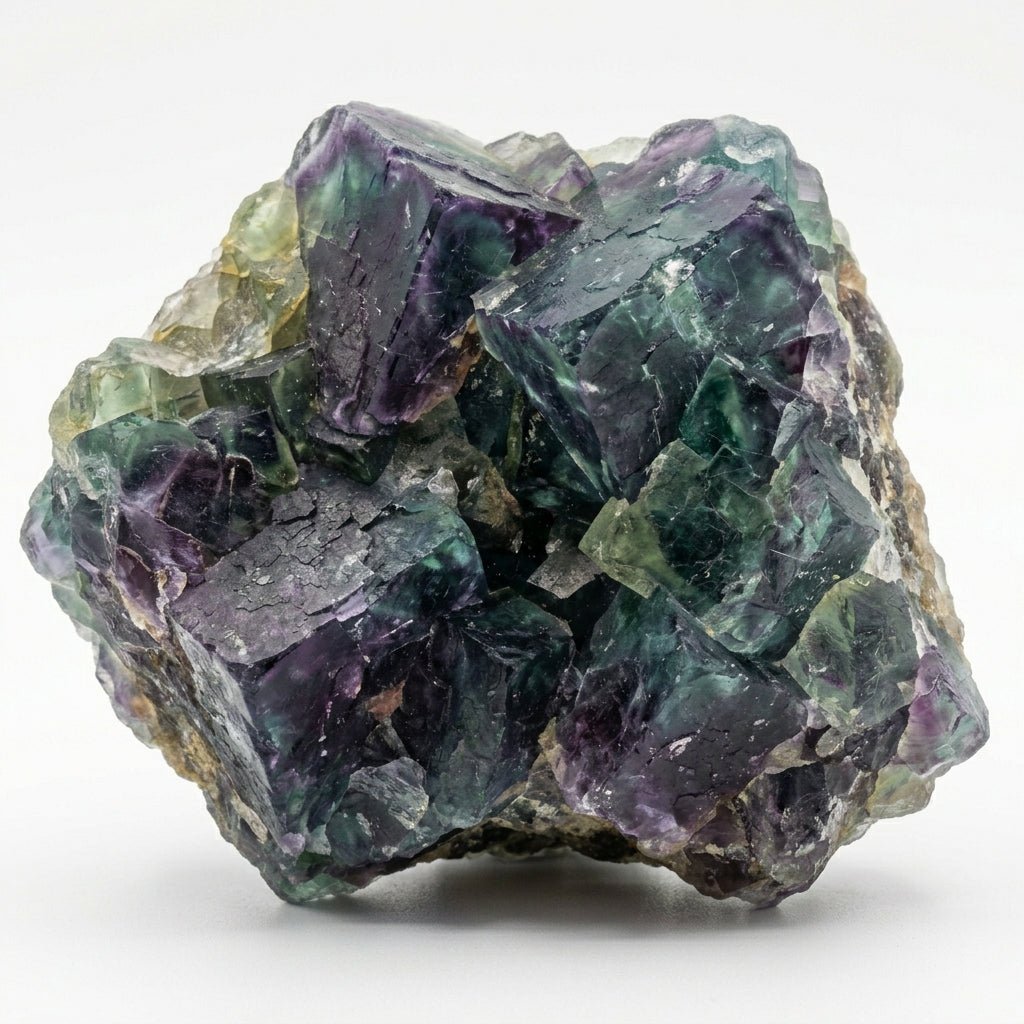 Raw natural fluorite crystal specimen with green and purple crystal clusters on white background