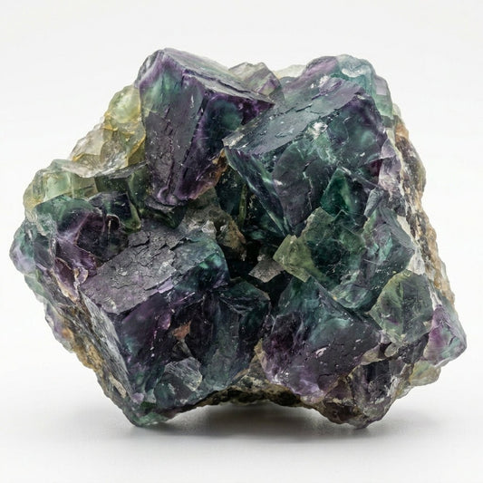 Raw natural fluorite crystal specimen with green and purple crystal clusters on white background