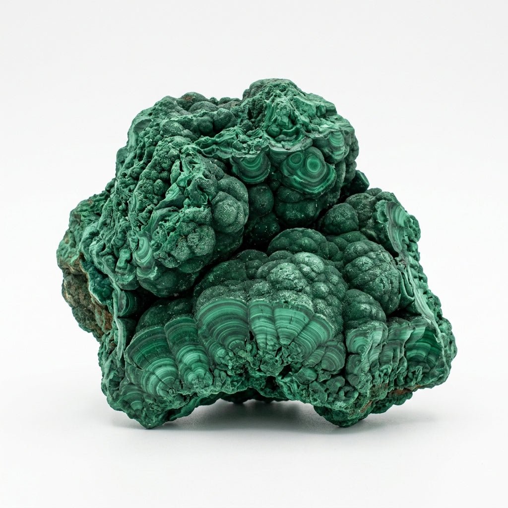 Raw natural malachite crystal cluster with layered green bands on white background