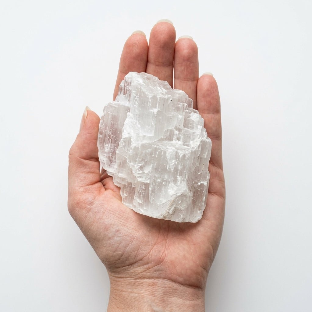 Raw white selenite crystal held in open hand for size comparison